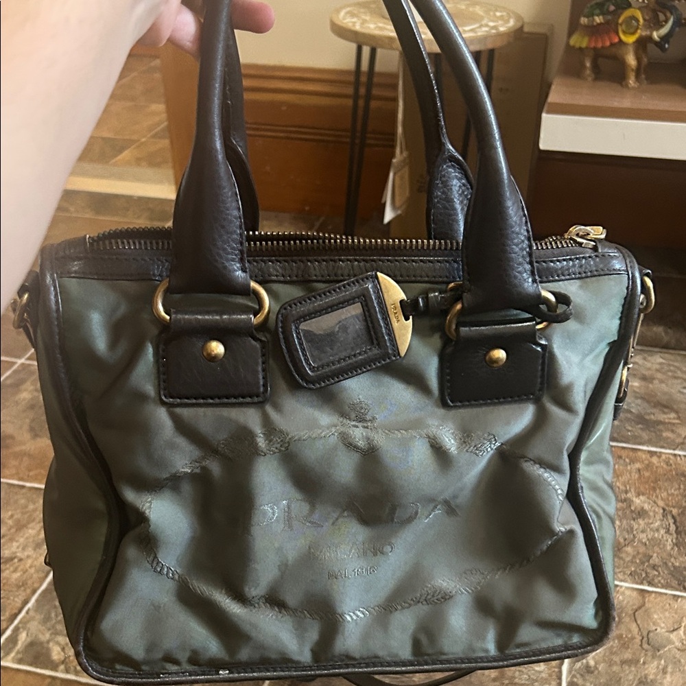 Authentic Prada Olive Nylon Satchel with Dark Brown Leather Handles - Picture 8 of 12